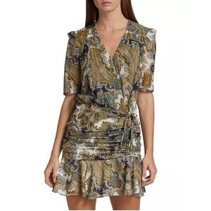 New Veronica Beard Dakota Ruffled Paisley Print Silk Chiffon Mini Dress Green 2